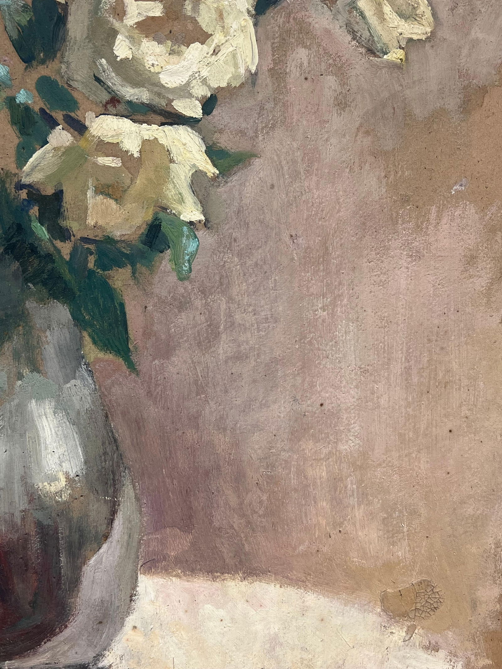1930's French Post-Impressionist Oil White Roses in Green Vase Still Life 1930's - 8