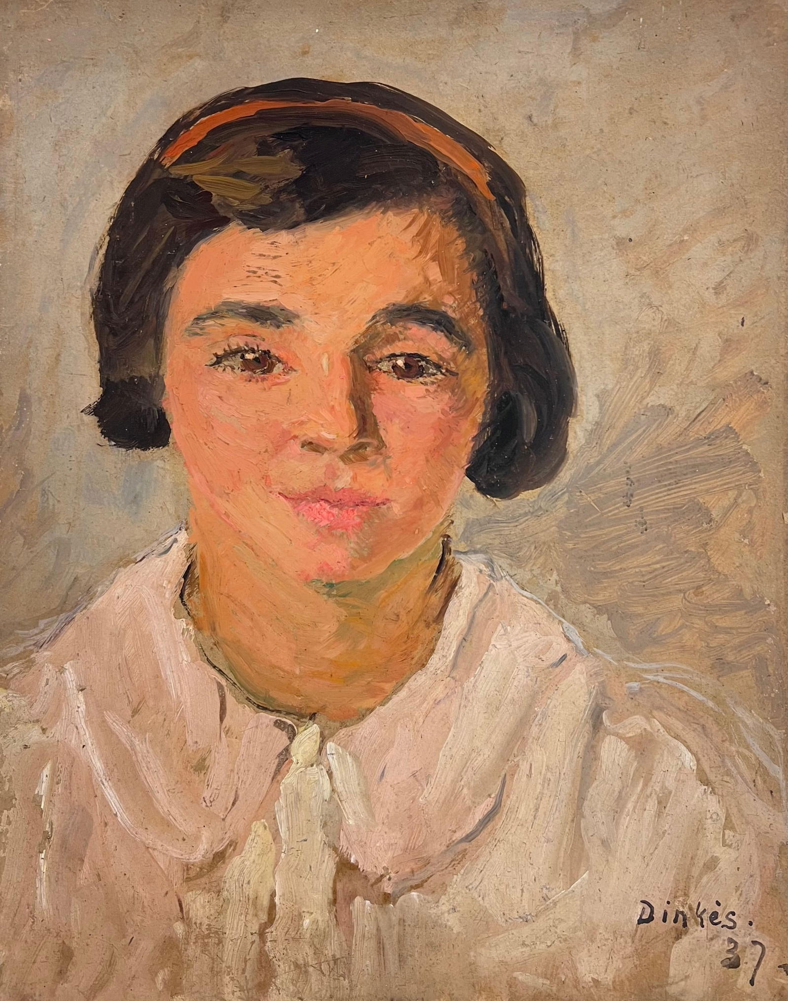 1930's French Signed Oil Painting Head & Shoulders Portrait Young Lady 1930's - 12