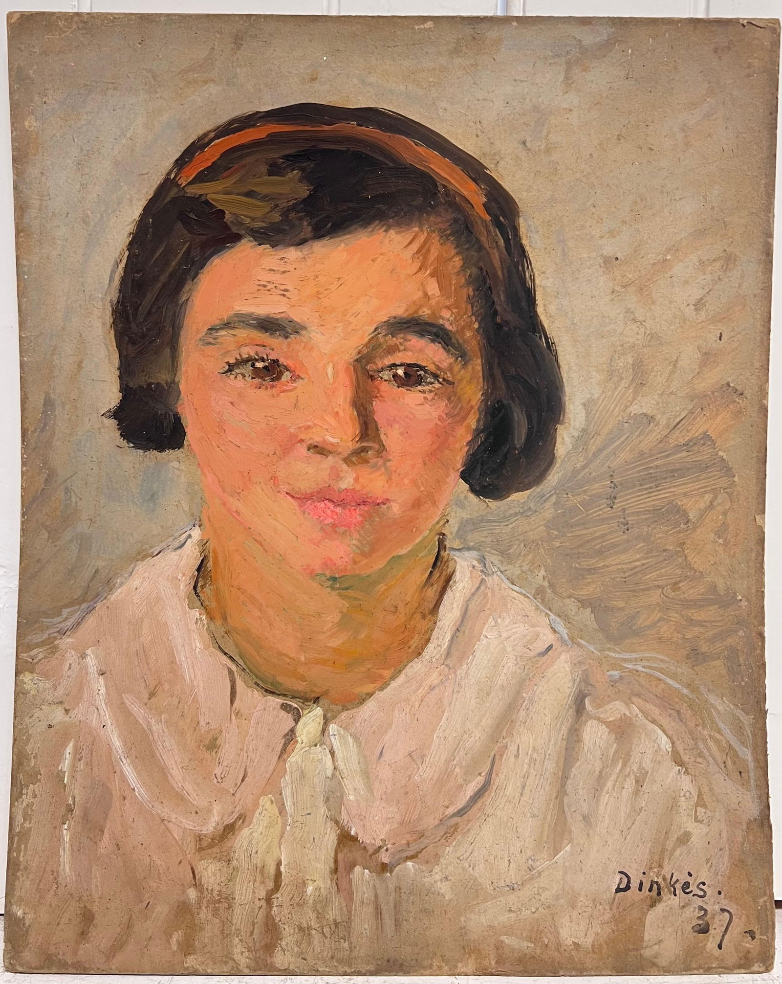 1930's French Signed Oil Painting Head & Shoulders Portrait Young Lady 1930's - 13