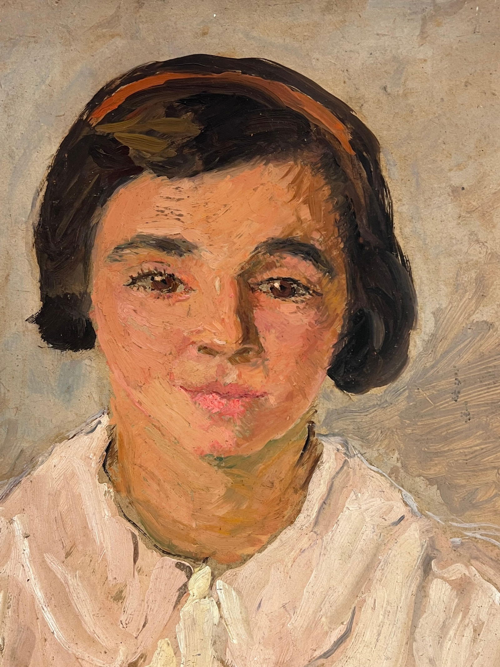 1930's French Signed Oil Painting Head & Shoulders Portrait Young Lady 1930's - 5