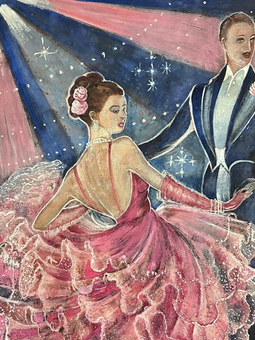 1930's French Signed Oil Portrait of Danièle Darrieux Elegant Ballroom Dancing 1952 - 6