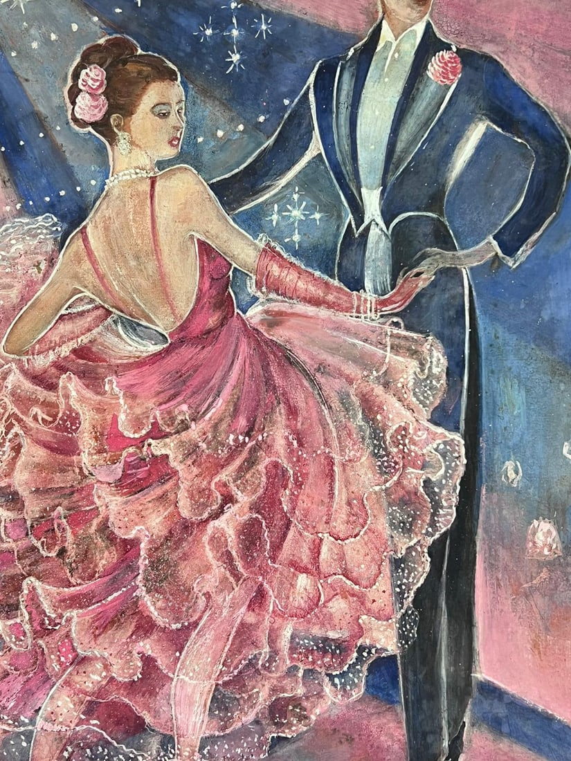 1930's French Signed Oil Portrait of Danièle Darrieux Elegant Ballroom Dancing 1952 - 8