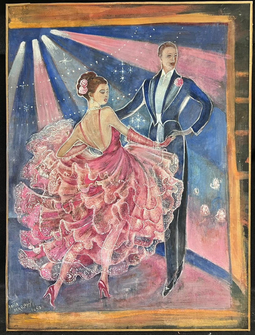 1930's French Signed Oil Portrait of Danièle Darrieux Elegant Ballroom Dancing 1952 - 5