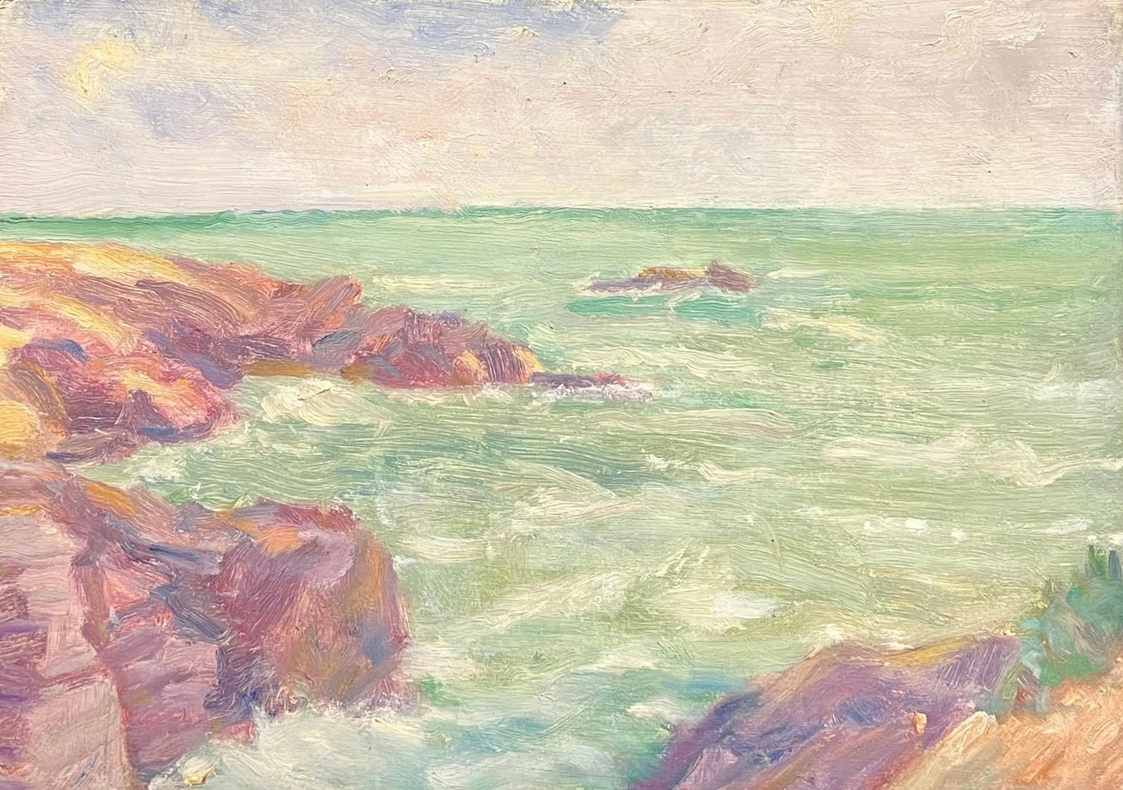 1930's Impressionistic Coastal Scene with Sunlit Rocks and Turquoise Waters 19th Century: Title: "1930's Impressionistic Coastal Scene with Sunlit Rocks and Turquoise Waters 19th Century" Description: Coastal Scene Simone Forge 1930's French Impressionist oil on board unframed board: 8 x 1