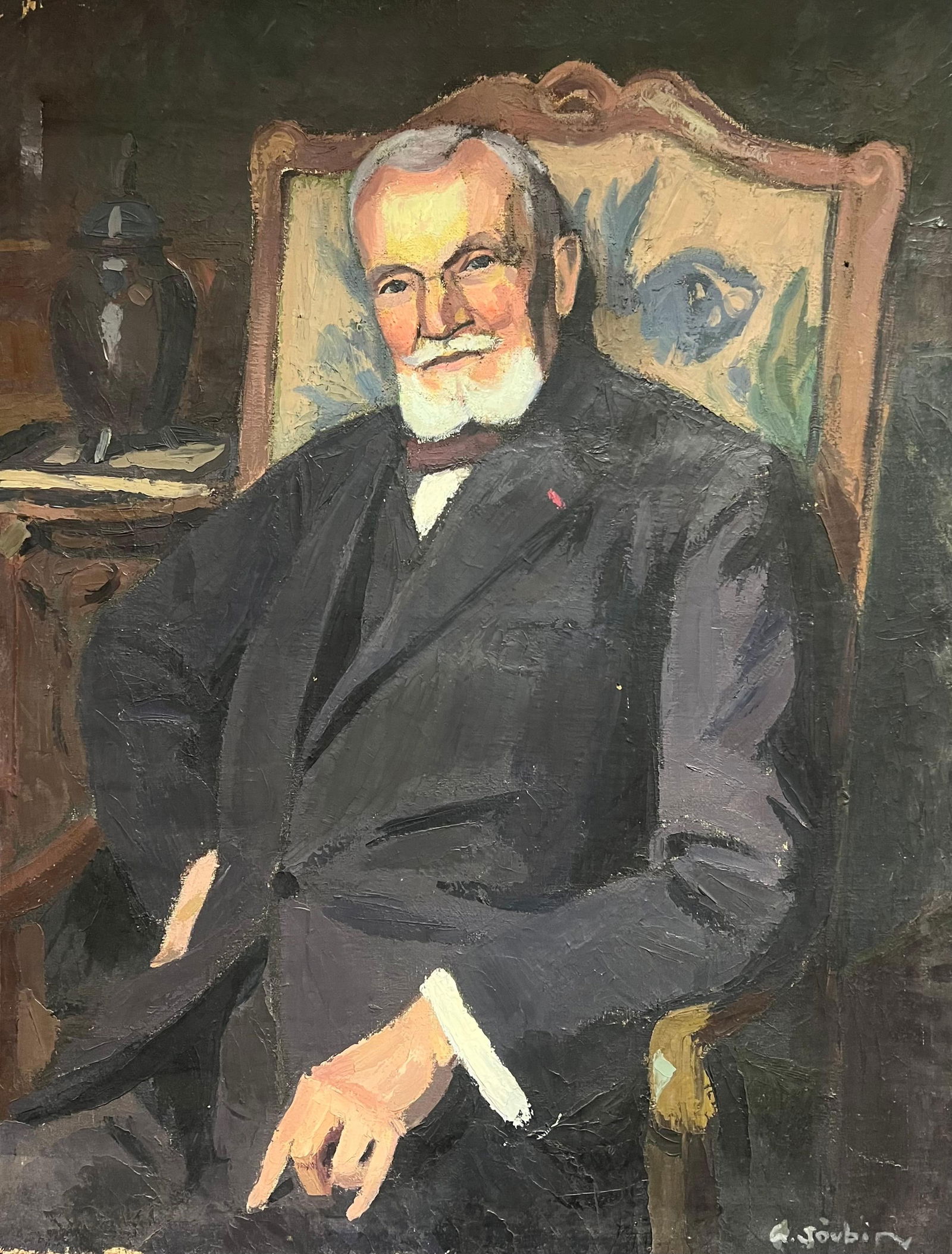 1930's Large French Oil Distinguished Portrait Dapper Gentleman in Suit & Chair 1930: Title: "1930's Large French Oil Distinguished Portrait Dapper Gentleman in Suit & Chair 1930" Description: The Seated Gentleman by Georges JOUBIN (1888-1983) signed and inscribed/ dated verso signed o