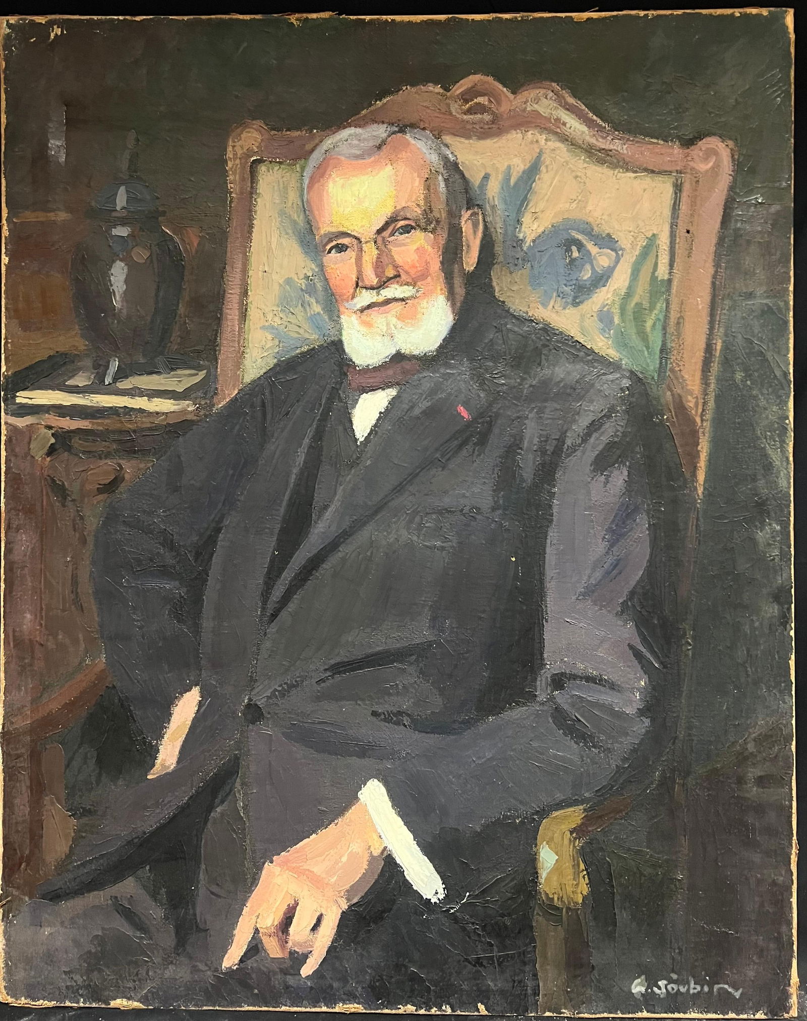 1930's Large French Oil Distinguished Portrait Dapper Gentleman in Suit & Chair 1930 - 4