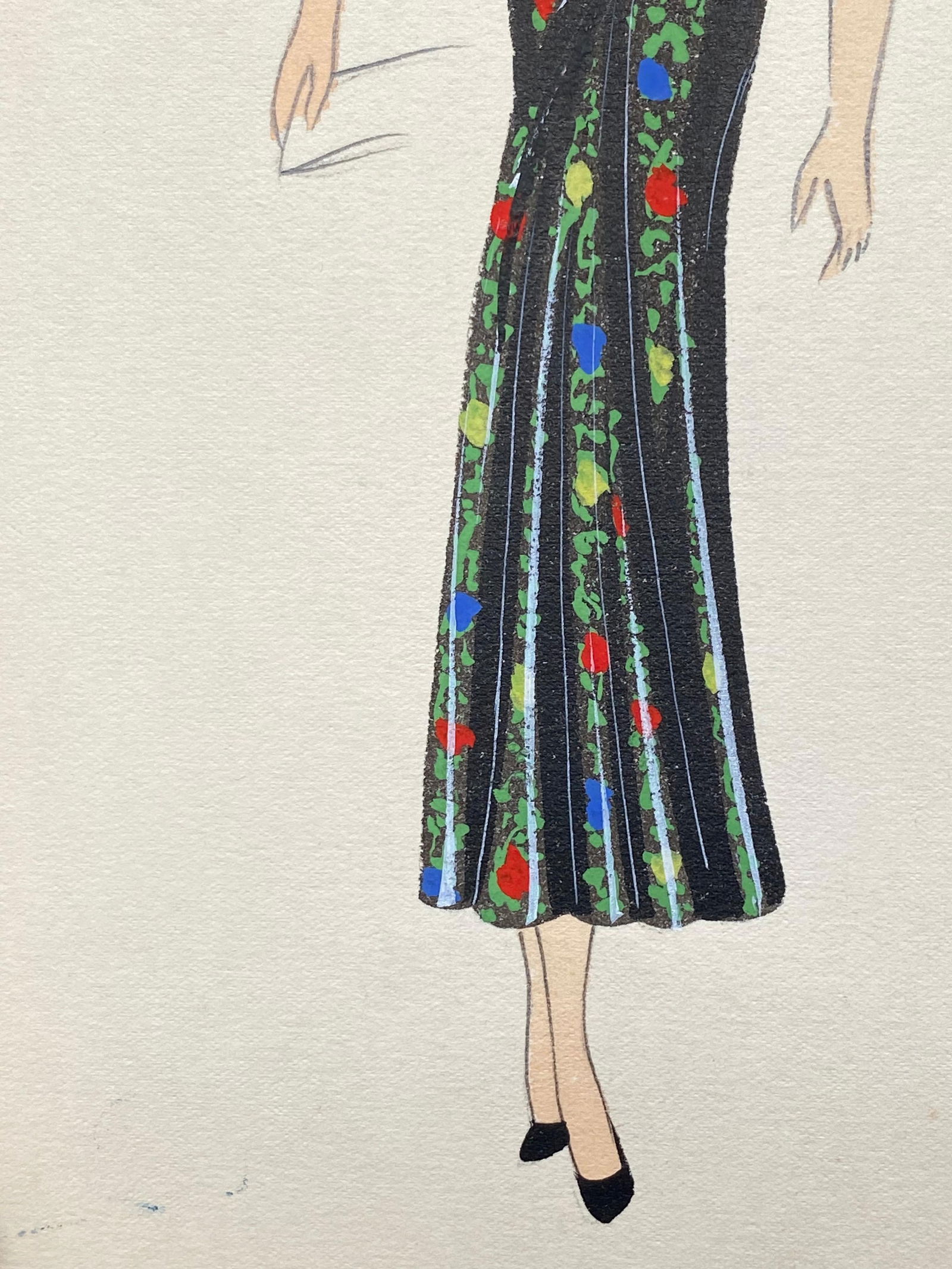 1930's Original Parisian Fashion Illustration Watercolor Black Oriental Dress circa 1930s - 10