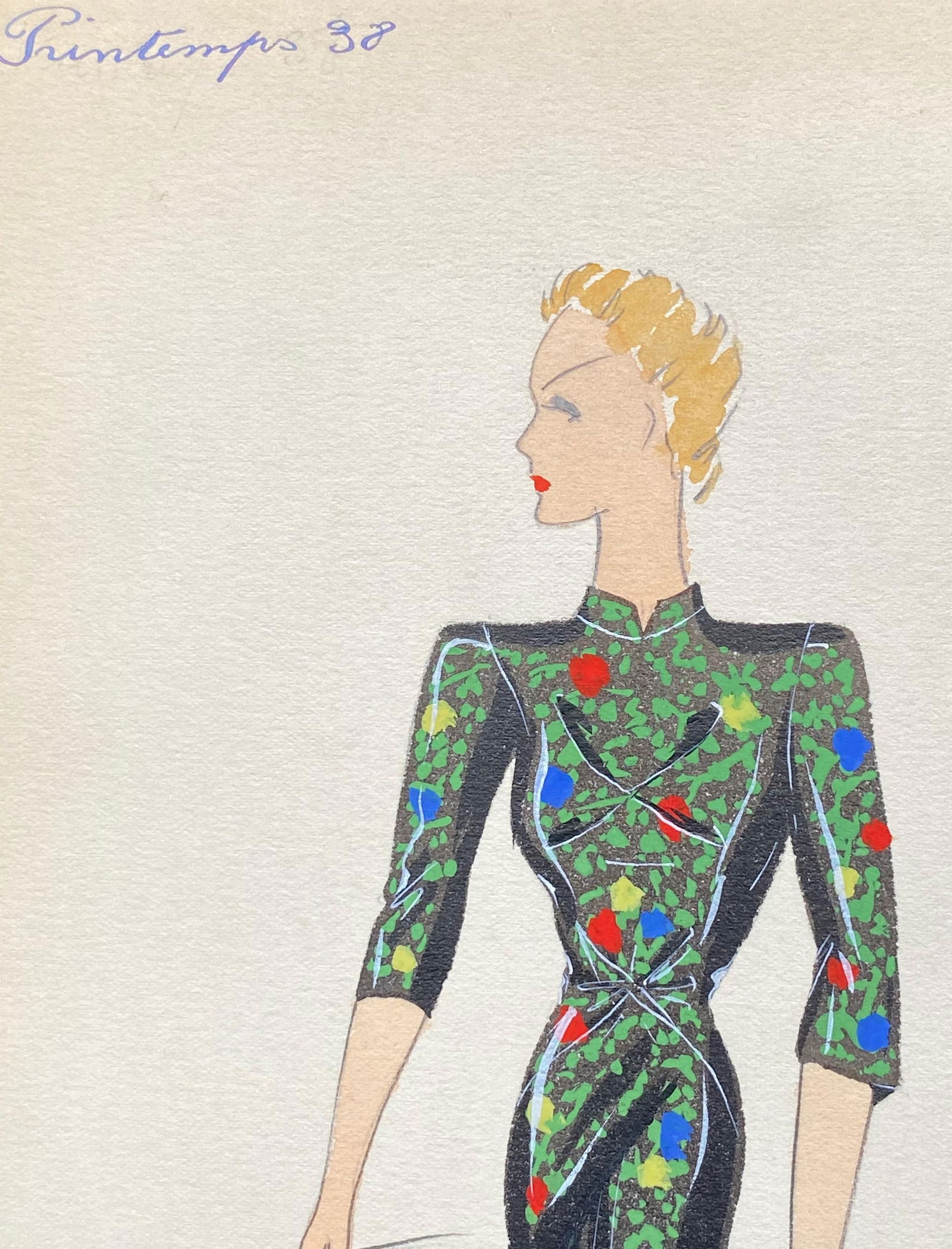 1930's Original Parisian Fashion Illustration Watercolor Black Oriental Dress circa 1930s - 12