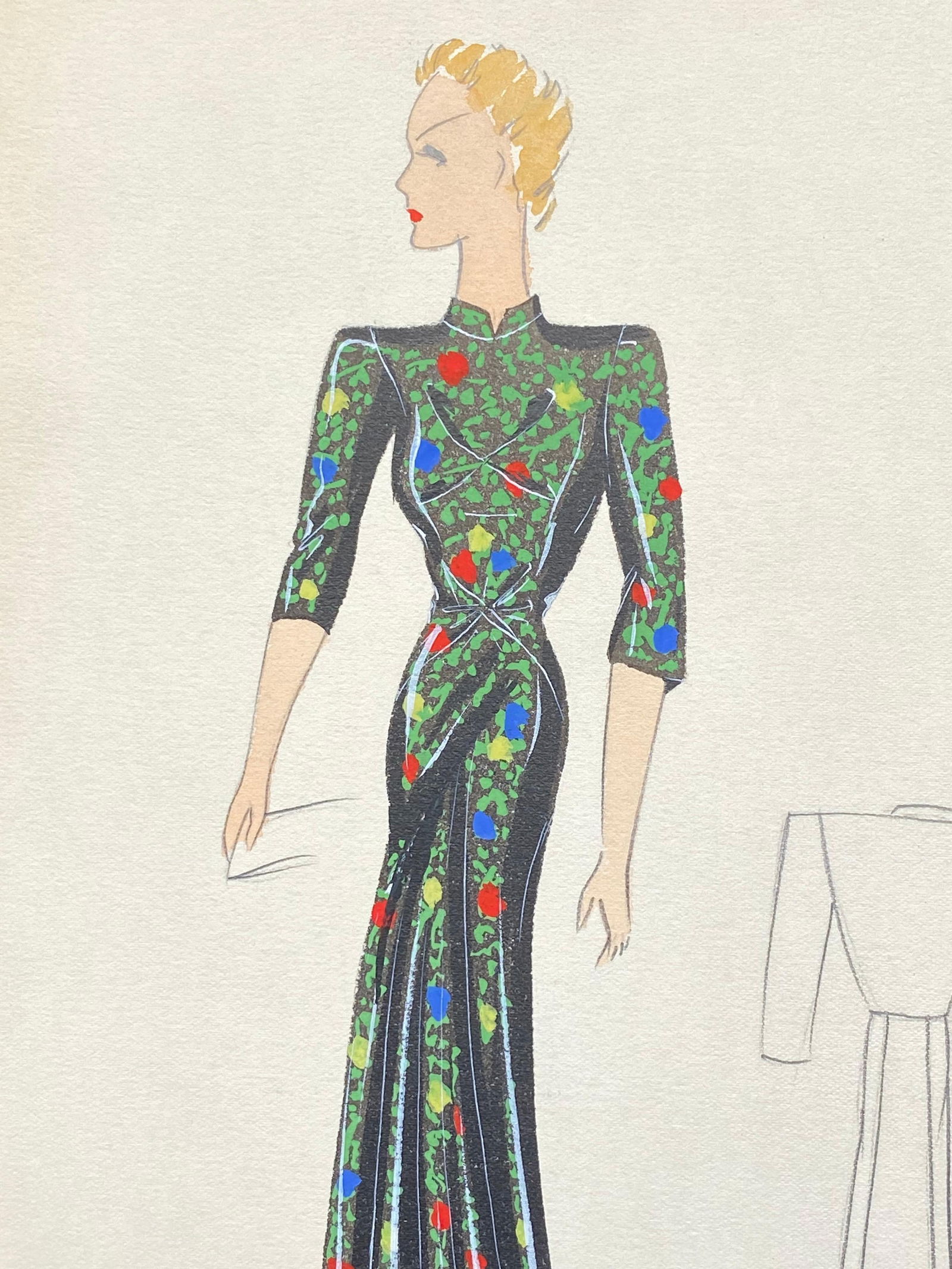 1930's Original Parisian Fashion Illustration Watercolor Black Oriental Dress circa 1930s - 16