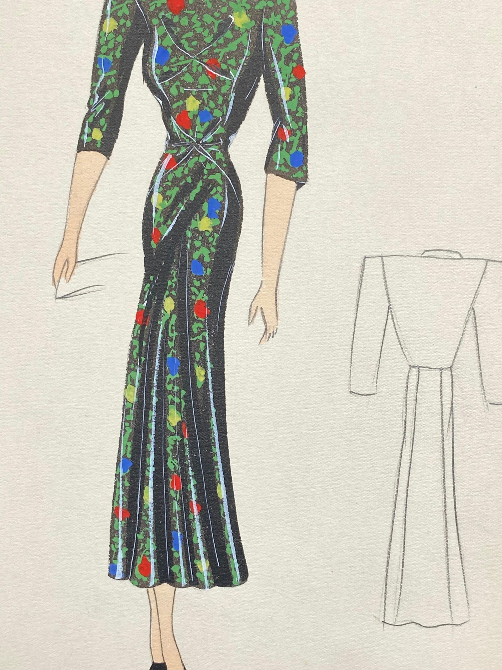 1930's Original Parisian Fashion Illustration Watercolor Black Oriental Dress circa 1930s - 17