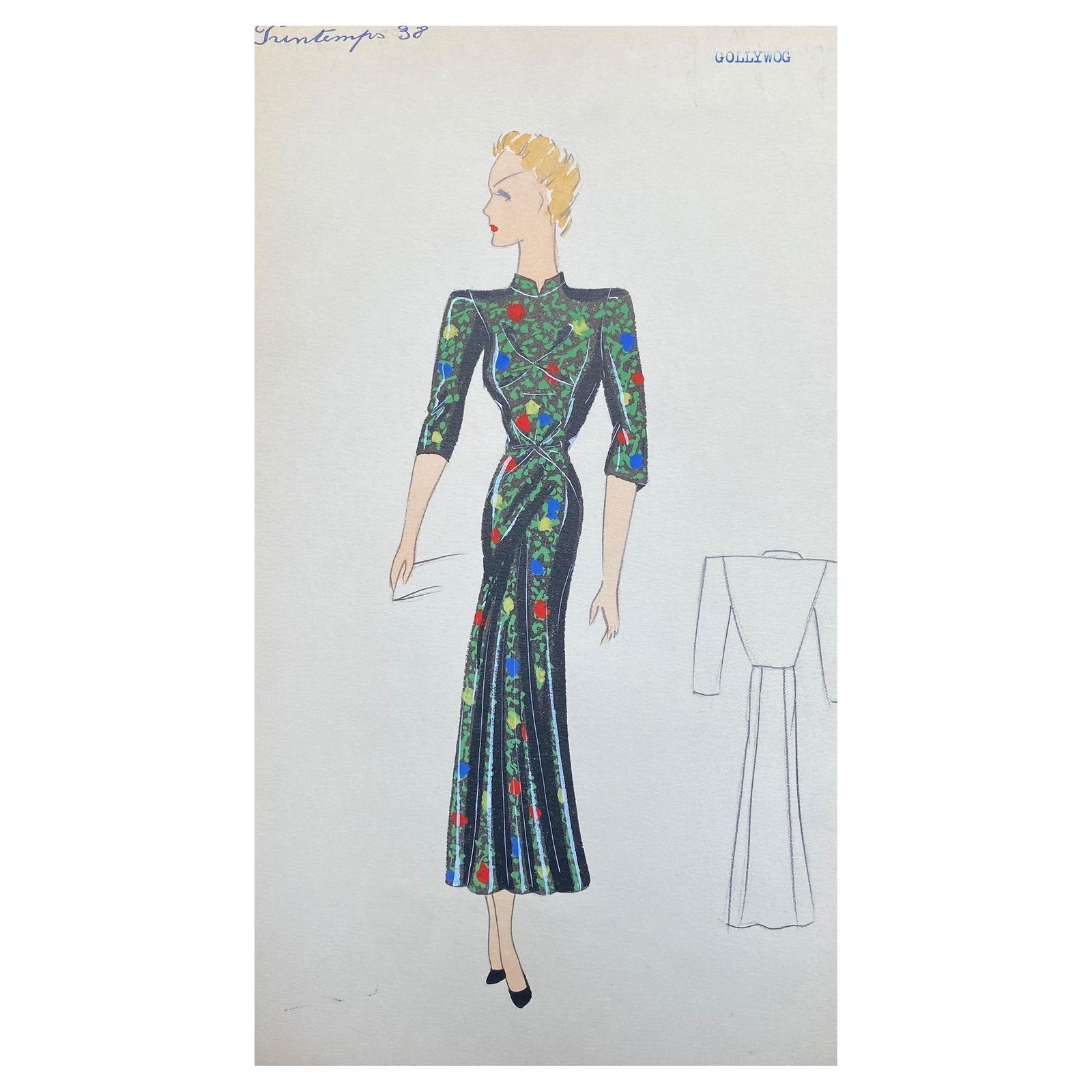 1930's Original Parisian Fashion Illustration Watercolor Black Oriental Dress circa 1930s