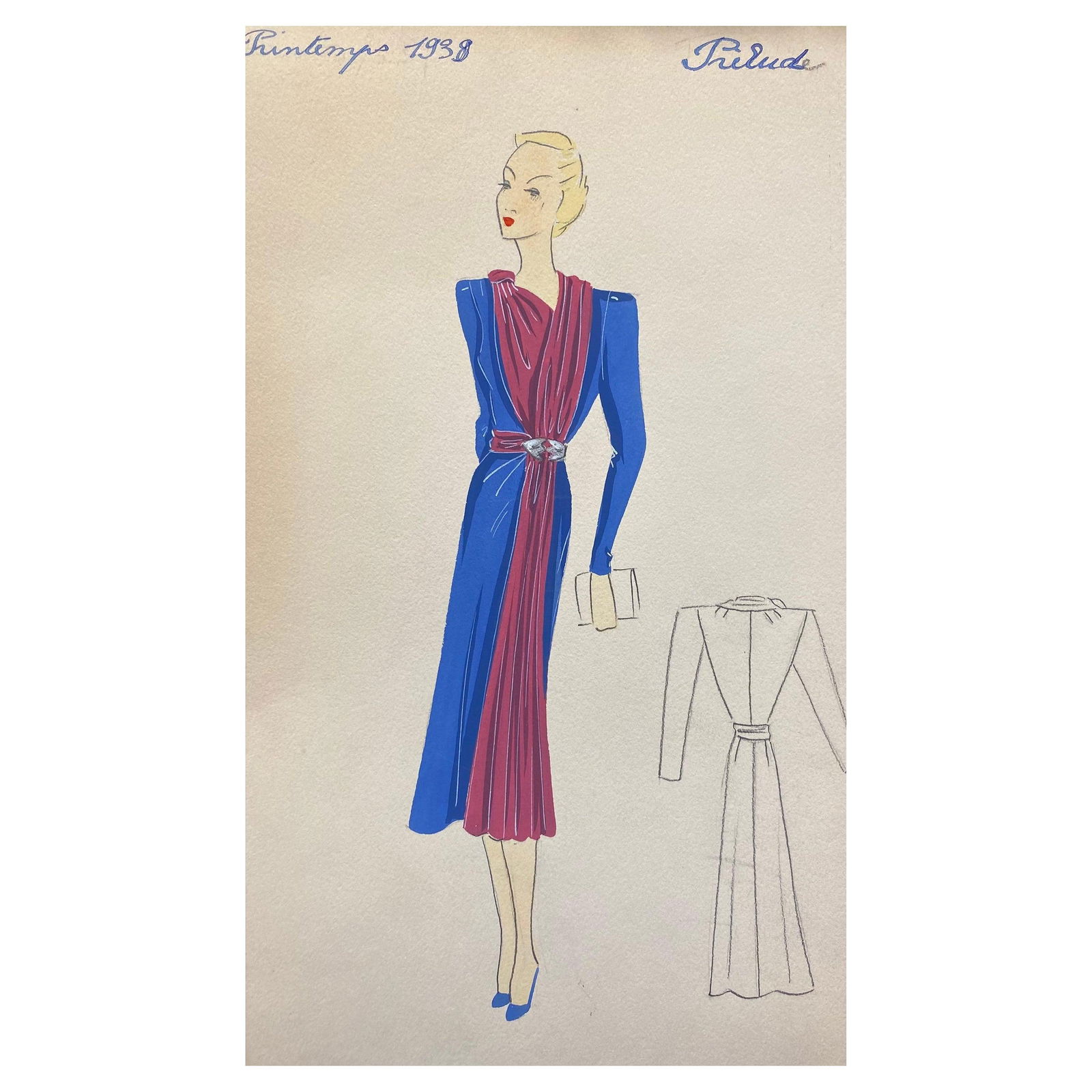 1930's Original Parisian Fashion Illustration Watercolor Pink and Blue Dress circa 1930s (1 of 20)