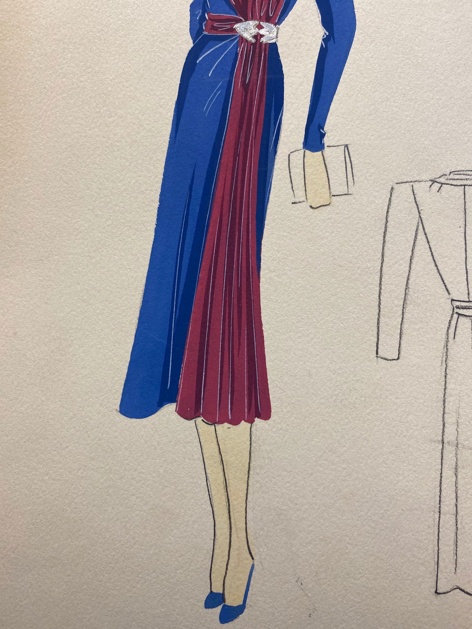 1930's Original Parisian Fashion Illustration Watercolor Pink and Blue Dress circa 1930s - 20
