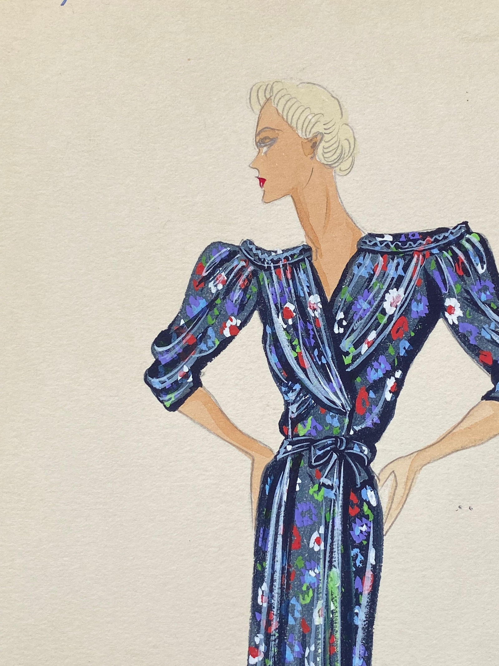 1930's Original Parisian Fashion Watercolor Blue Floral Summer Dress circa 1930s - 12