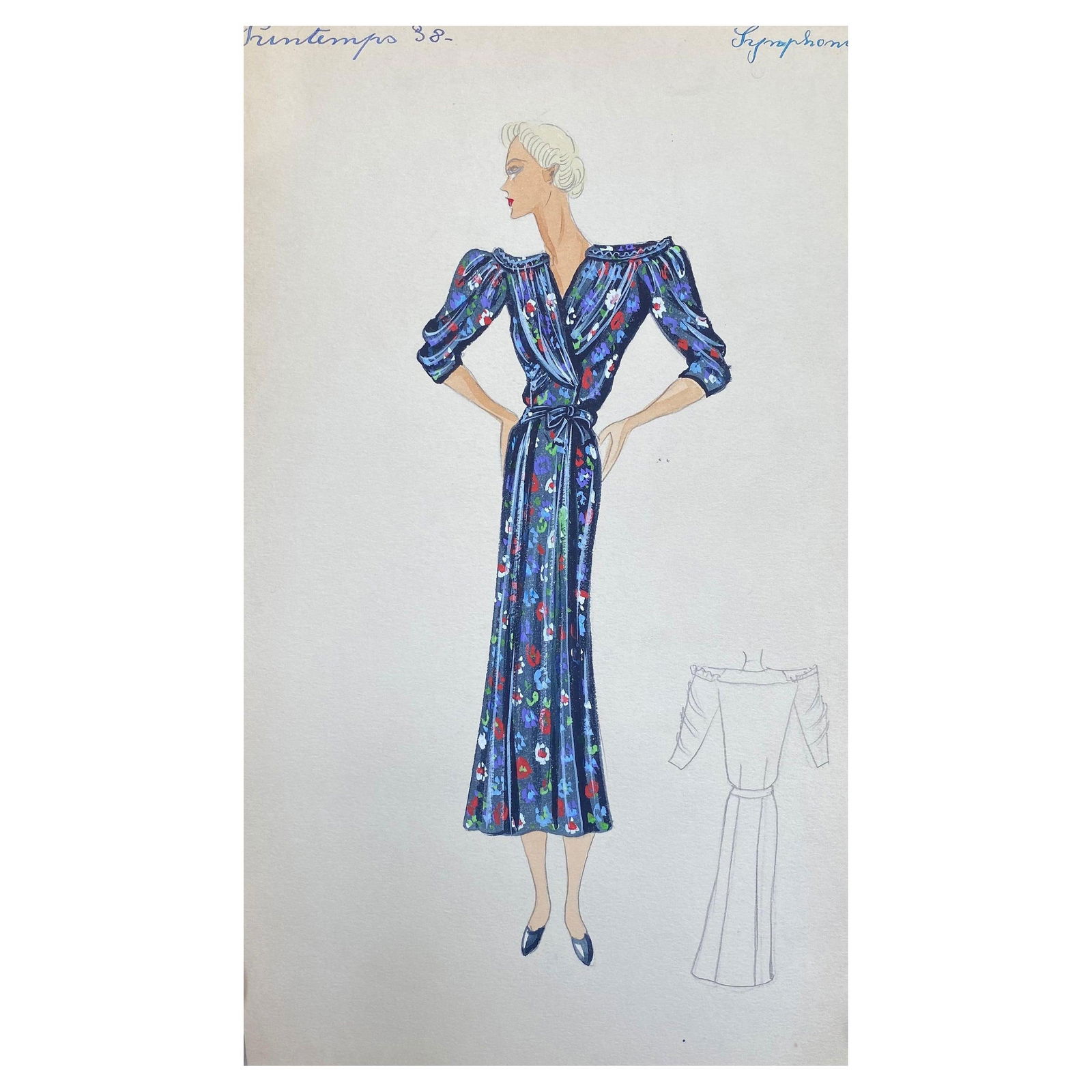 1930's Original Parisian Fashion Watercolor Blue Floral Summer Dress circa 1930s: Title: "1930's Original Parisian Fashion Watercolor Blue Floral Summer Dress circa 1930s" Description: Very stylish, unique and original 1930's French fashion design, no doubt of Parisian origin. The