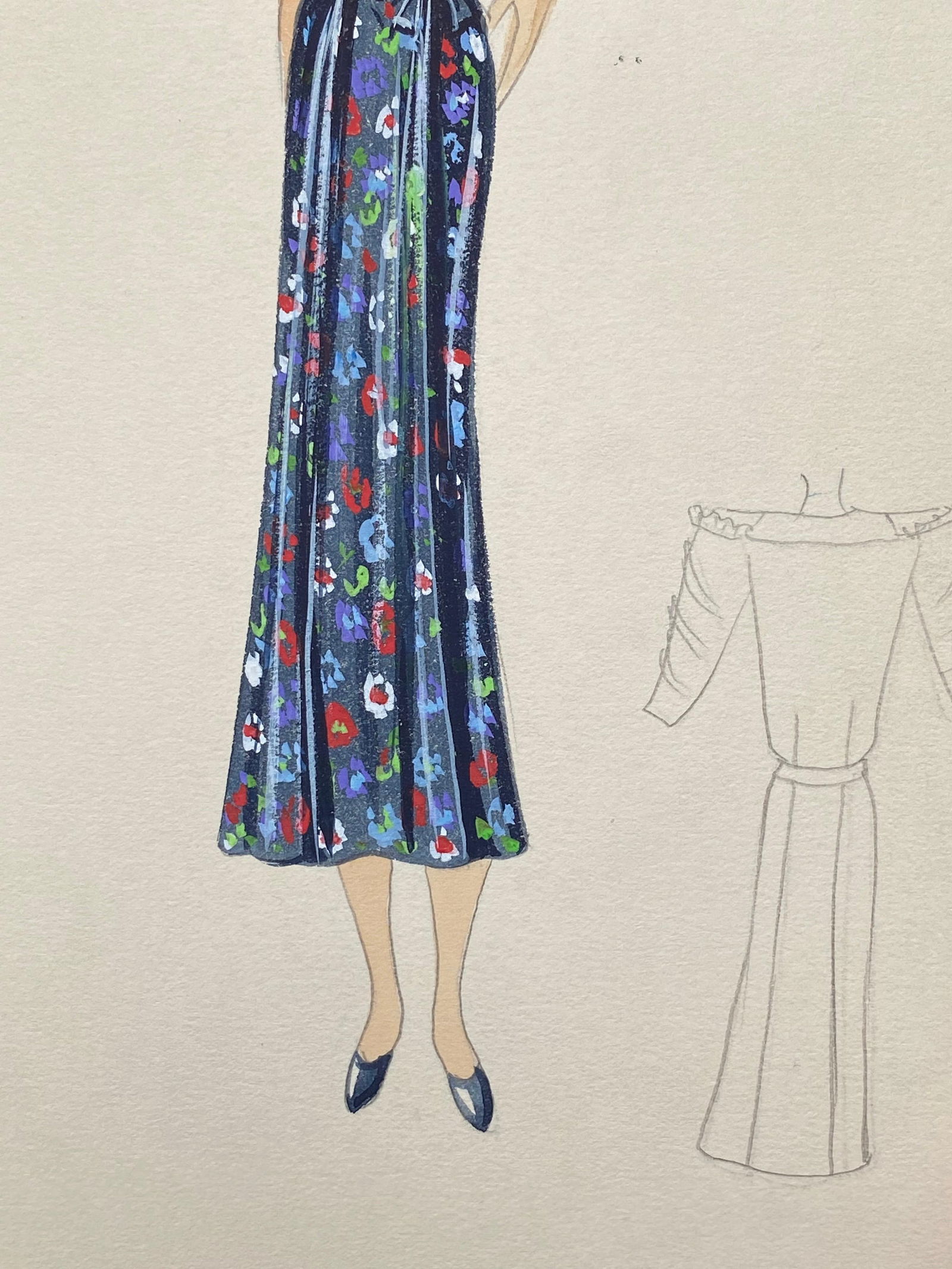 1930's Original Parisian Fashion Watercolor Blue Floral Summer Dress circa 1930s - 9