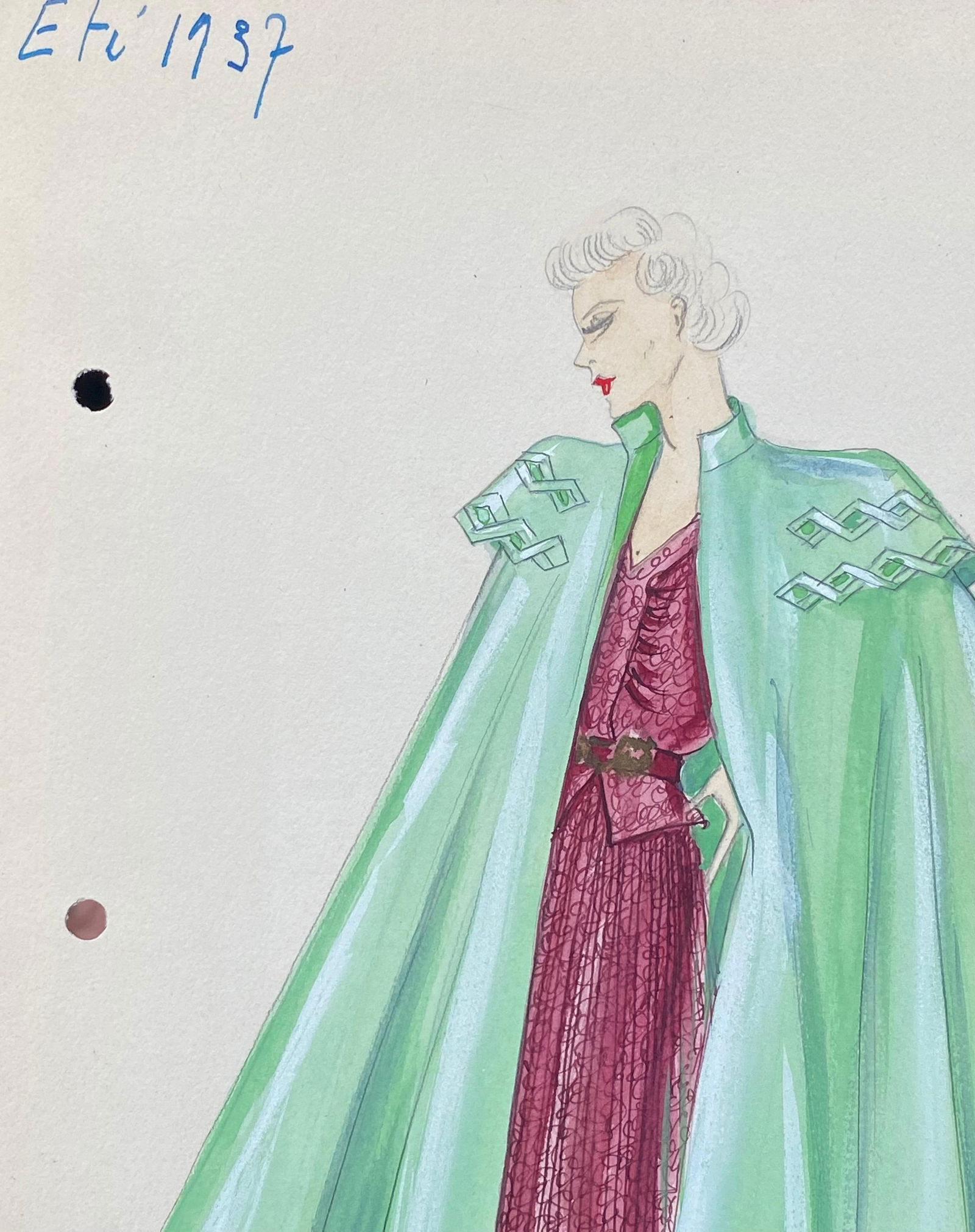 1930's Original Parisian Fashion Watercolor Burgandy Dress with Green Cape circa 1930s - 19