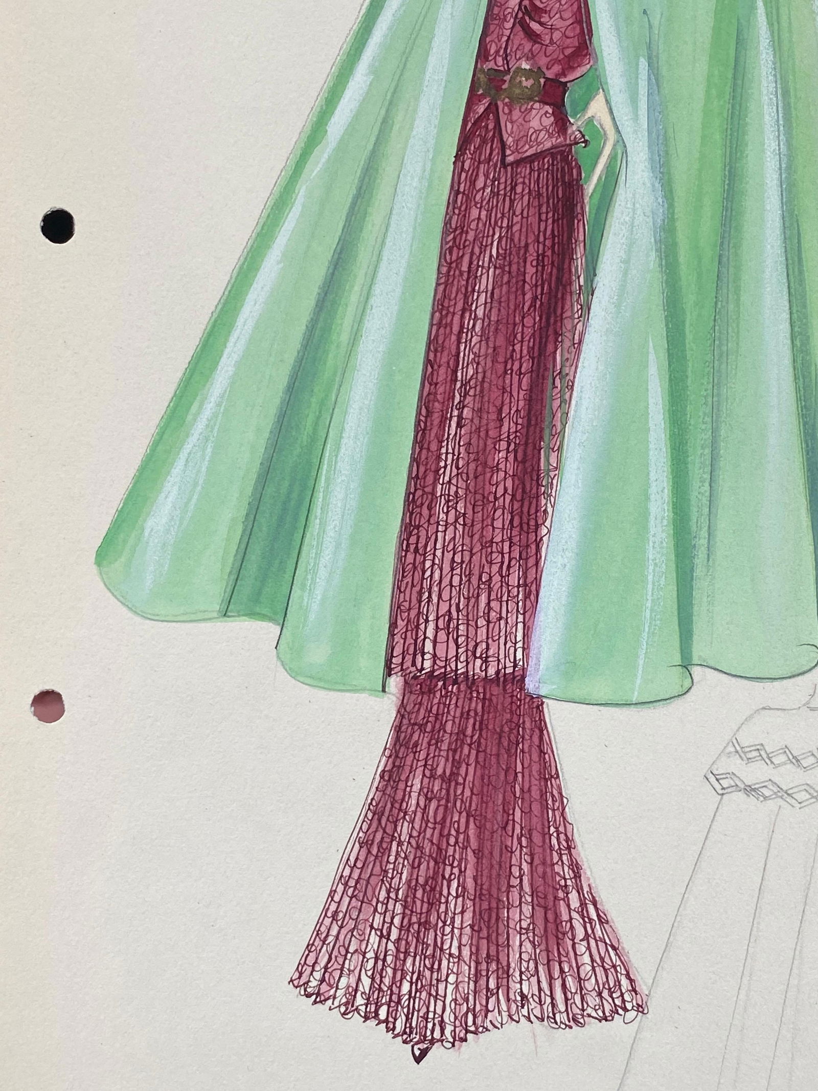 1930's Original Parisian Fashion Watercolor Burgandy Dress with Green Cape circa 1930s - 2