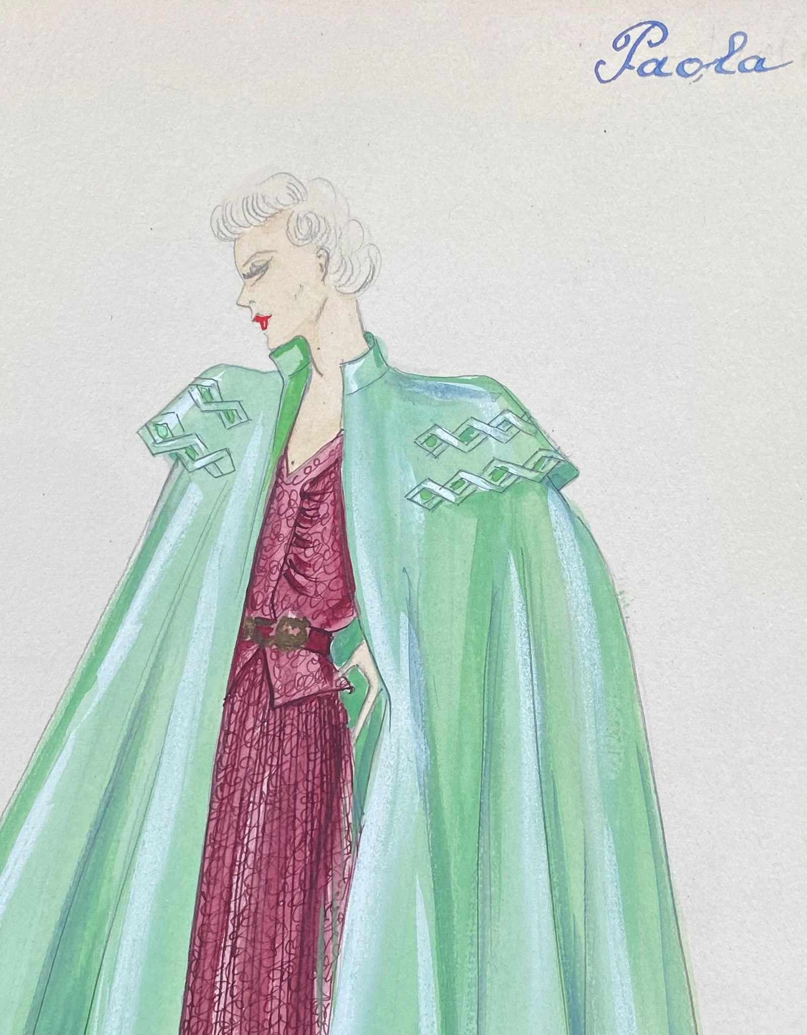 1930's Original Parisian Fashion Watercolor Burgandy Dress with Green Cape circa 1930s - 4