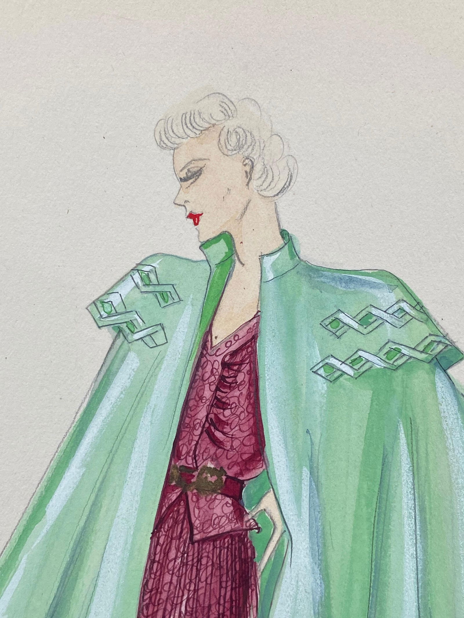 1930's Original Parisian Fashion Watercolor Burgandy Dress with Green Cape circa 1930s - 5