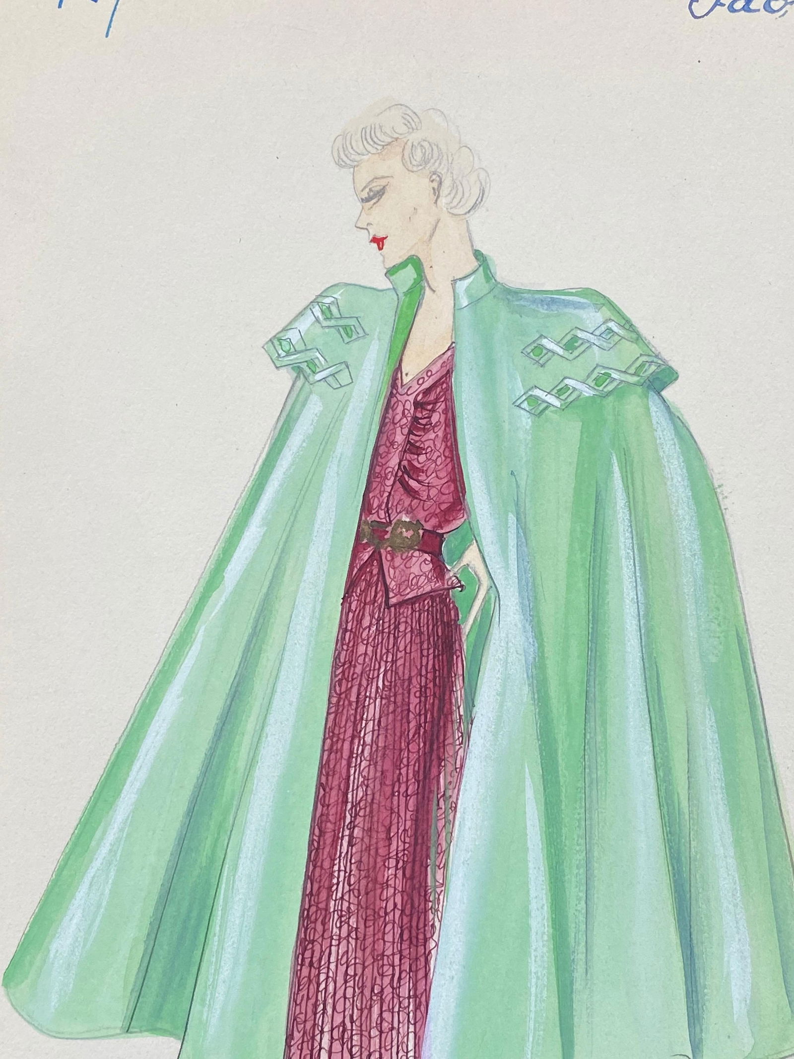 1930's Original Parisian Fashion Watercolor Burgandy Dress with Green Cape circa 1930s - 8