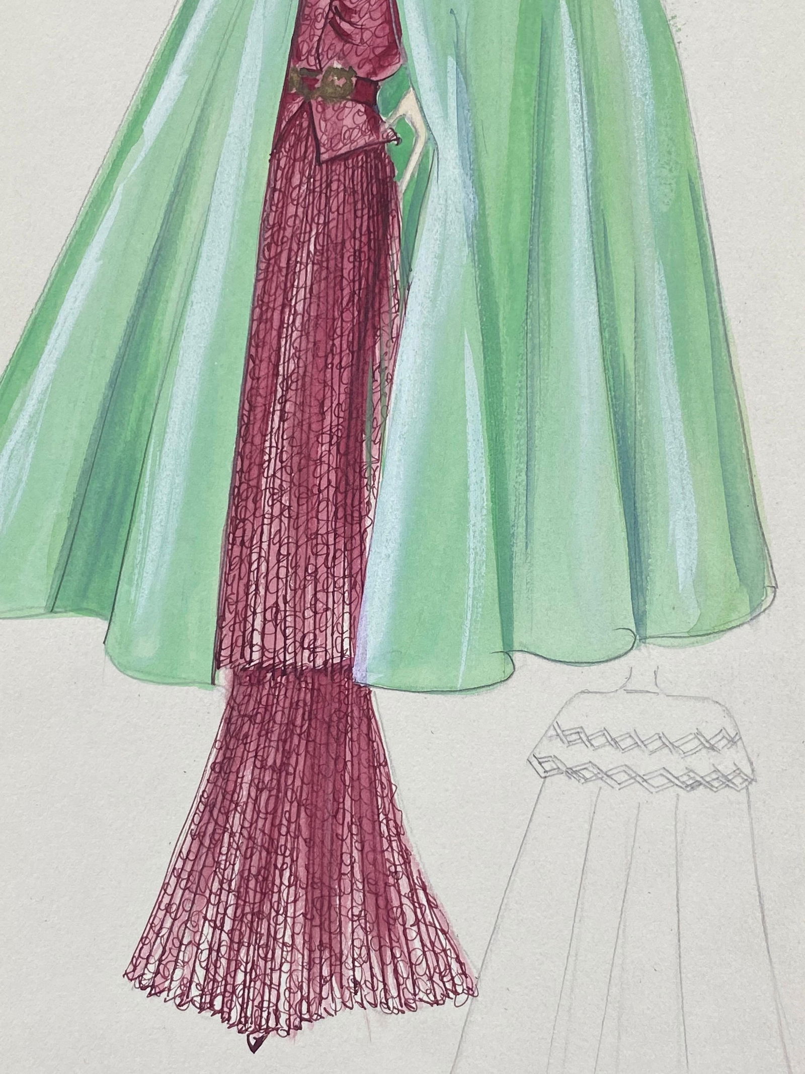 1930's Original Parisian Fashion Watercolor Burgandy Dress with Green Cape circa 1930s - 9