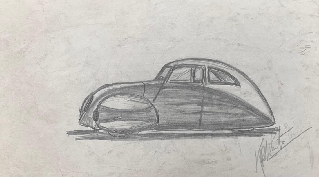 1938 Talbot-Lago T150-C SS Teardrop Coupé Design Pencil Illustration Early 20th Century - 2