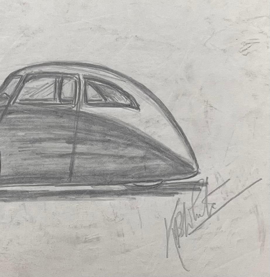 1938 Talbot-Lago T150-C SS Teardrop Coupé Design Pencil Illustration Early 20th Century - 6