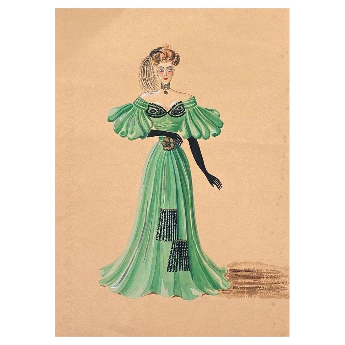 1940's Fashion Illustration - Lady in Dashing Green Ball Dress circa 1940s - 2