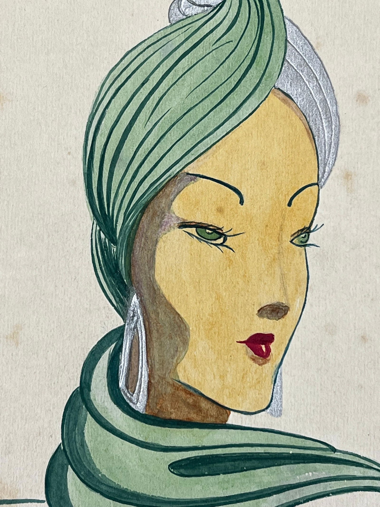 1940's Fashion Illustration, Lady in Beautiful Green Head Scarf circa 1940s - 9