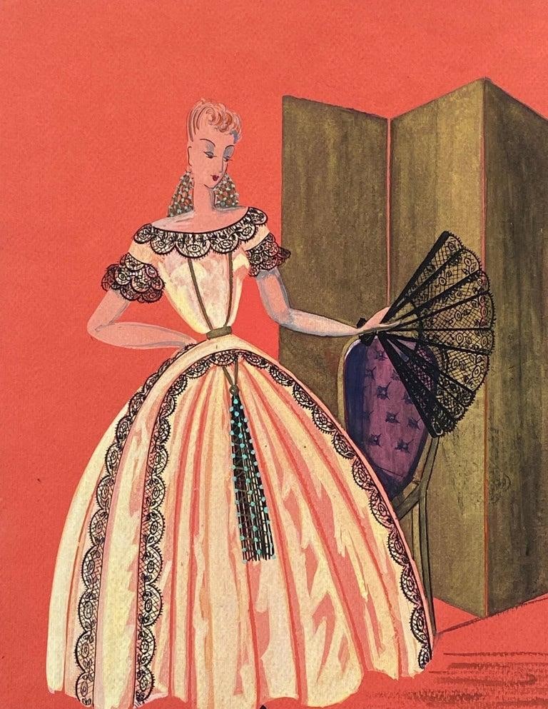 1940's Fashion Illustration, Lady In Bridgerton Style Ball Dress With Fan circa 1940s - 3