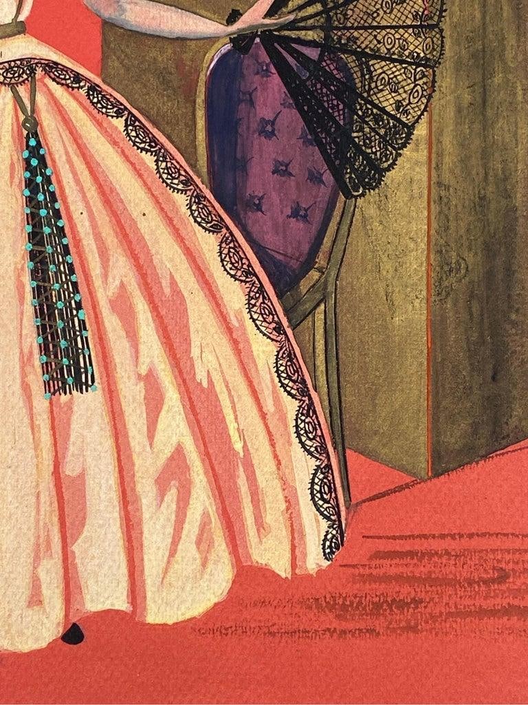 1940's Fashion Illustration, Lady In Bridgerton Style Ball Dress With Fan circa 1940s - 6