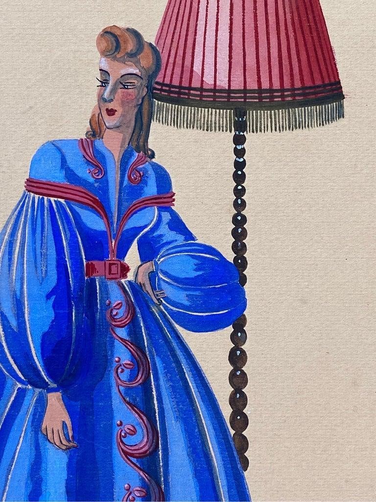 1940's Fashion Illustration, Lady In Bright Blue Puffy Dress, Interior Scene circa 1940s - 3