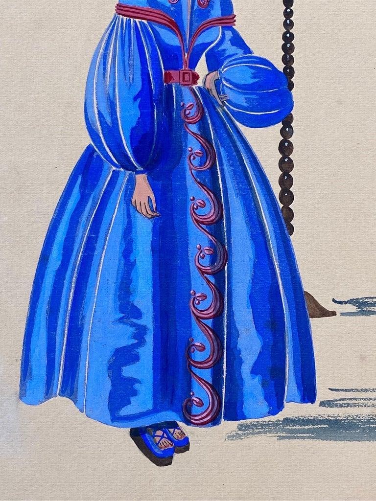 1940's Fashion Illustration, Lady In Bright Blue Puffy Dress, Interior Scene circa 1940s - 4