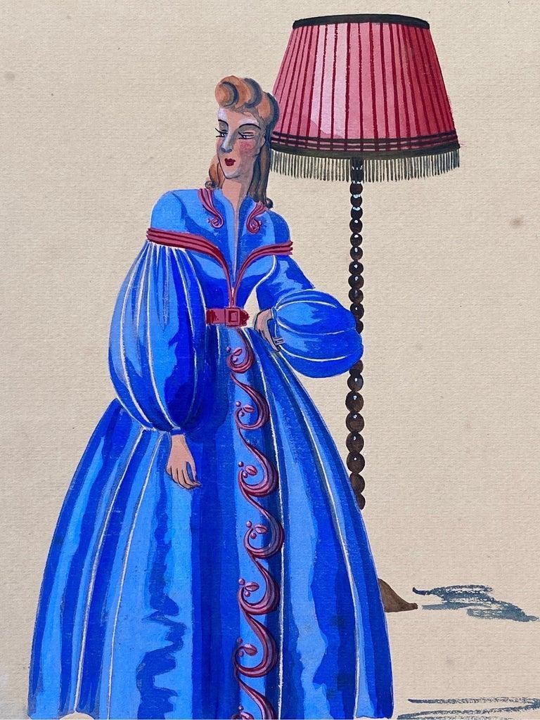 1940's Fashion Illustration, Lady In Bright Blue Puffy Dress, Interior Scene circa 1940s - 6