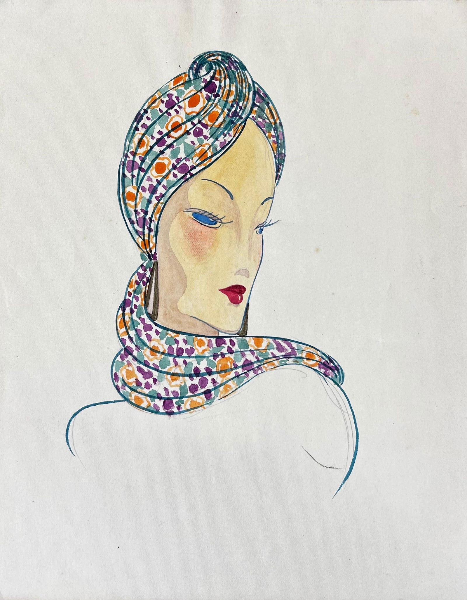 1940's Fashion Illustration, Lady in Chic Headscarf circa 1940s - 3