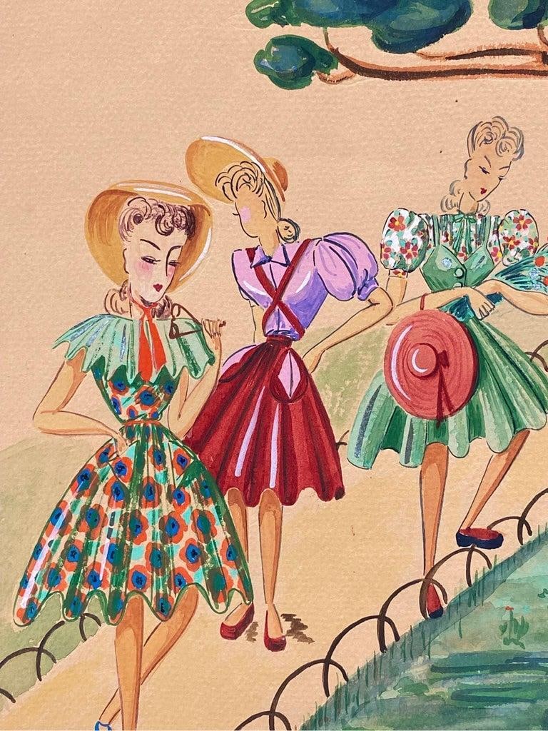 1940's Fashion Illustration, Three Elegant Women Walking Through The Park circa 1940s - 10