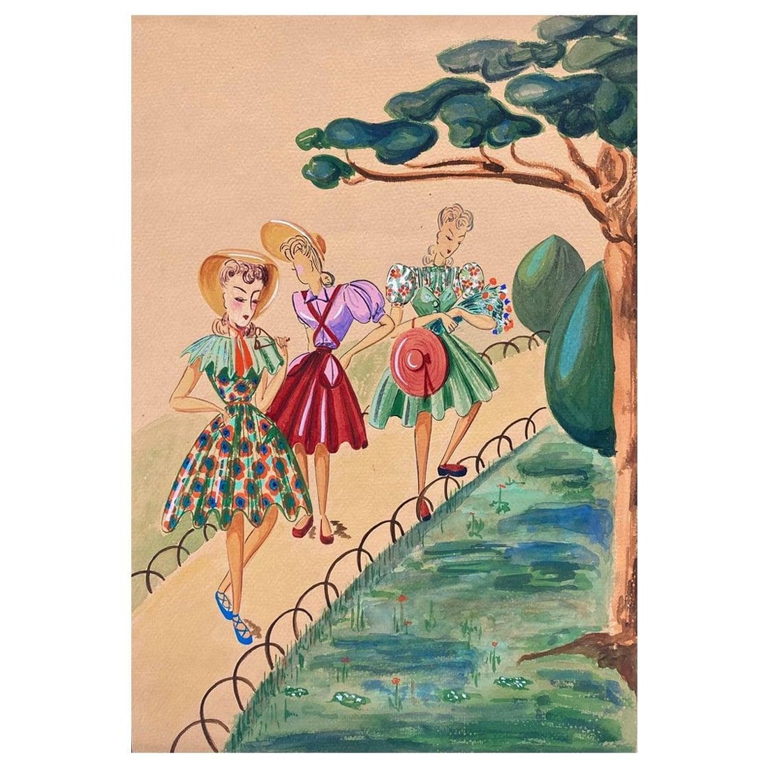 1940's Fashion Illustration, Three Elegant Women Walking Through The Park circa 1940s - 13
