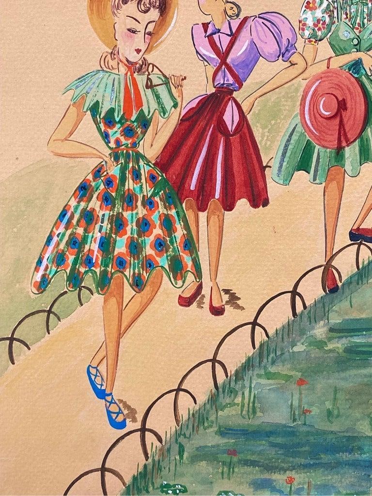 1940's Fashion Illustration, Three Elegant Women Walking Through The Park circa 1940s - 15