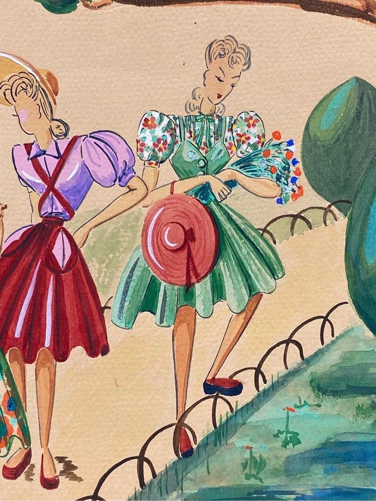1940's Fashion Illustration, Three Elegant Women Walking Through The Park circa 1940s - 2