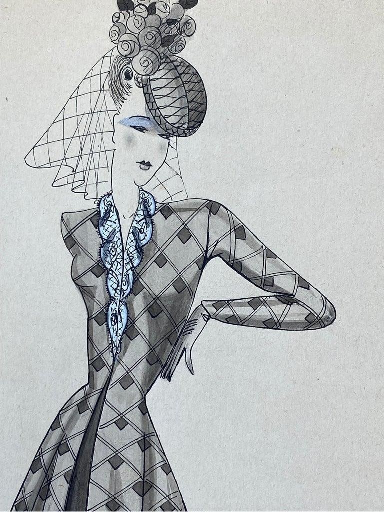 1940's French Fashion Illustration, Chic Lady In Blue Detailed Dress circa 1940s - 18