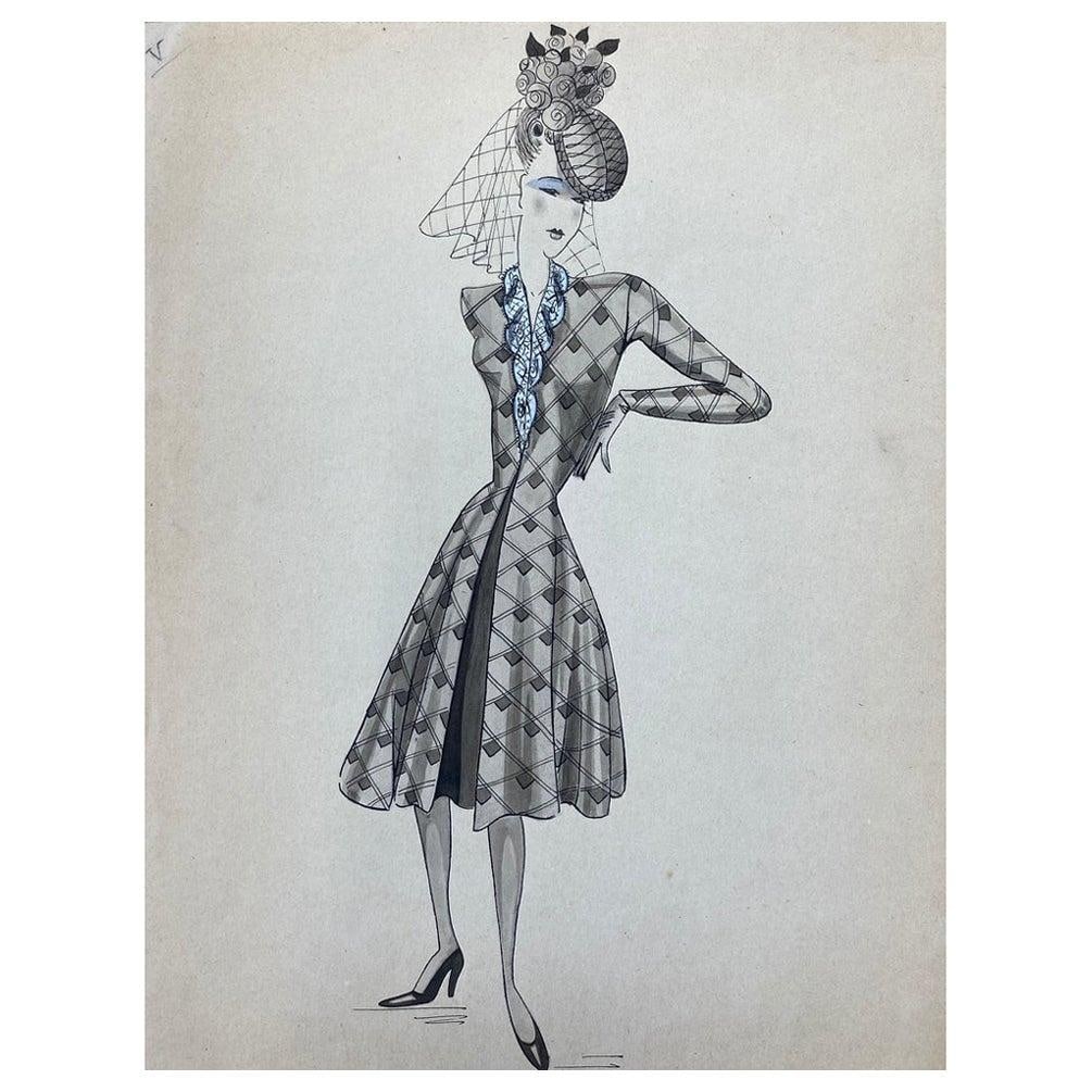 1940's French Fashion Illustration, Chic Lady In Blue Detailed Dress circa 1940s: Title: "1940's French Fashion Illustration, Chic Lady In Blue Detailed Dress circa 1940s" Description: Very stylish, unique and original 1940's fashion design by French illustrator Geneviève Thom