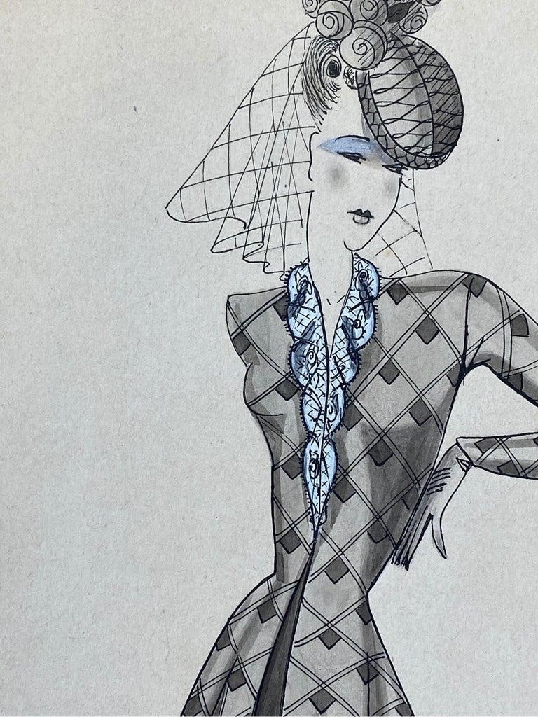 1940's French Fashion Illustration, Chic Lady In Blue Detailed Dress circa 1940s - 2