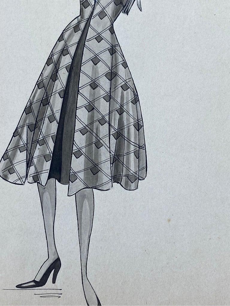 1940's French Fashion Illustration, Chic Lady In Blue Detailed Dress circa 1940s - 5