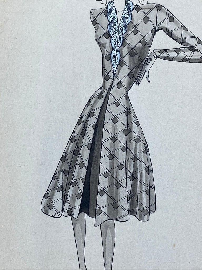 1940's French Fashion Illustration, Chic Lady In Blue Detailed Dress circa 1940s - 8