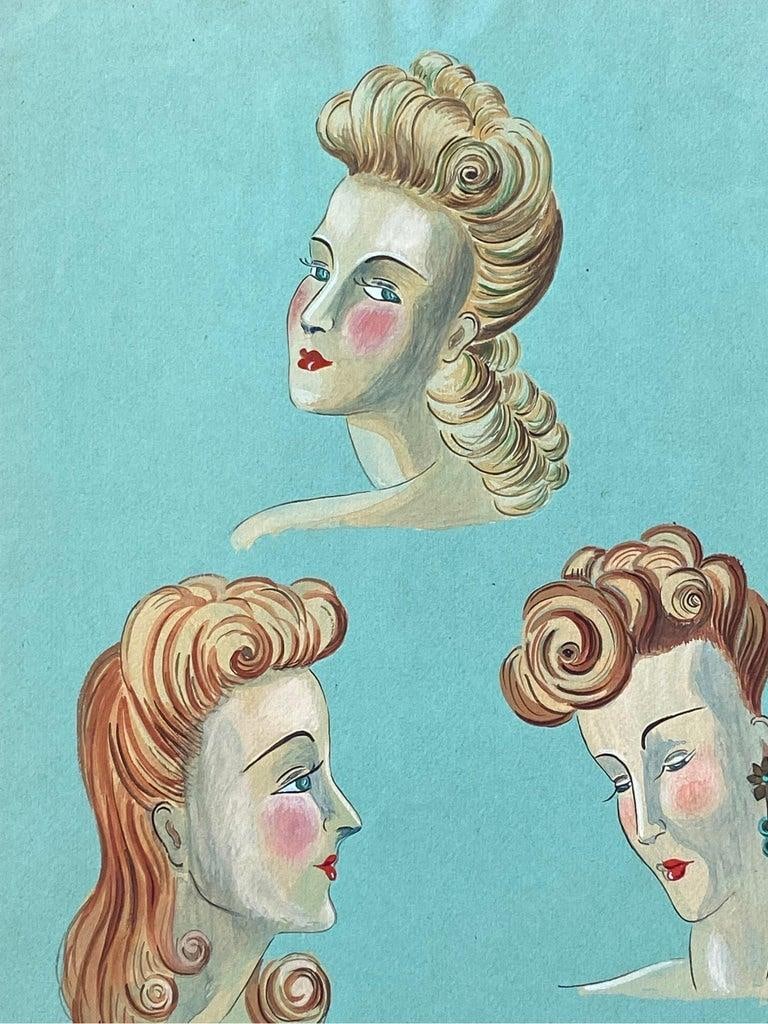 1940's French Fashion Illustration, Elegant Three Women Face Portraits circa 1940s - 14