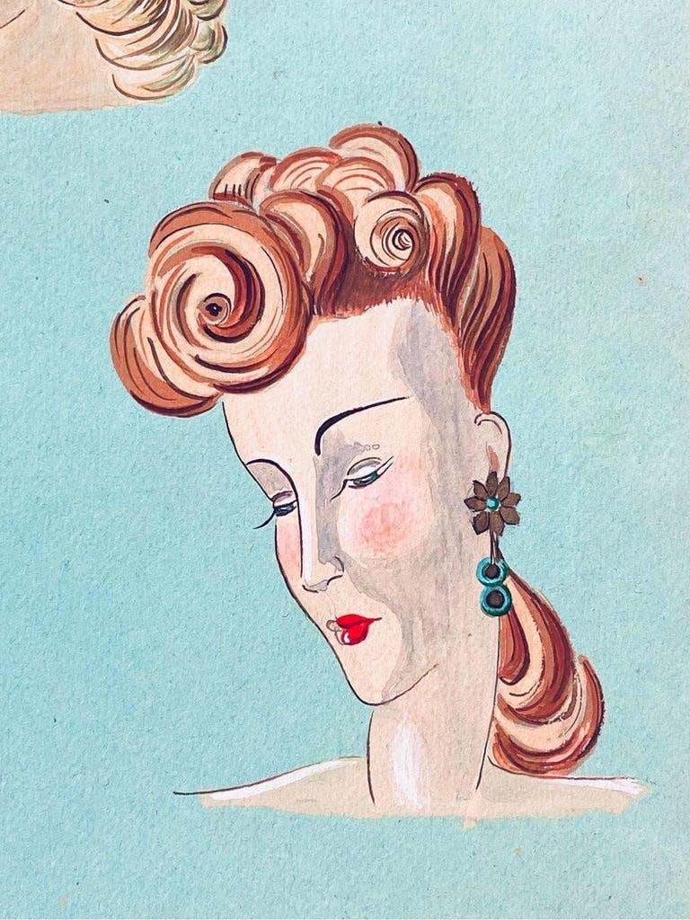 1940's French Fashion Illustration, Elegant Three Women Face Portraits circa 1940s - 15