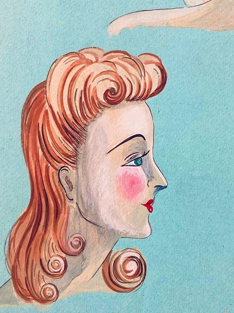 1940's French Fashion Illustration, Elegant Three Women Face Portraits circa 1940s - 16