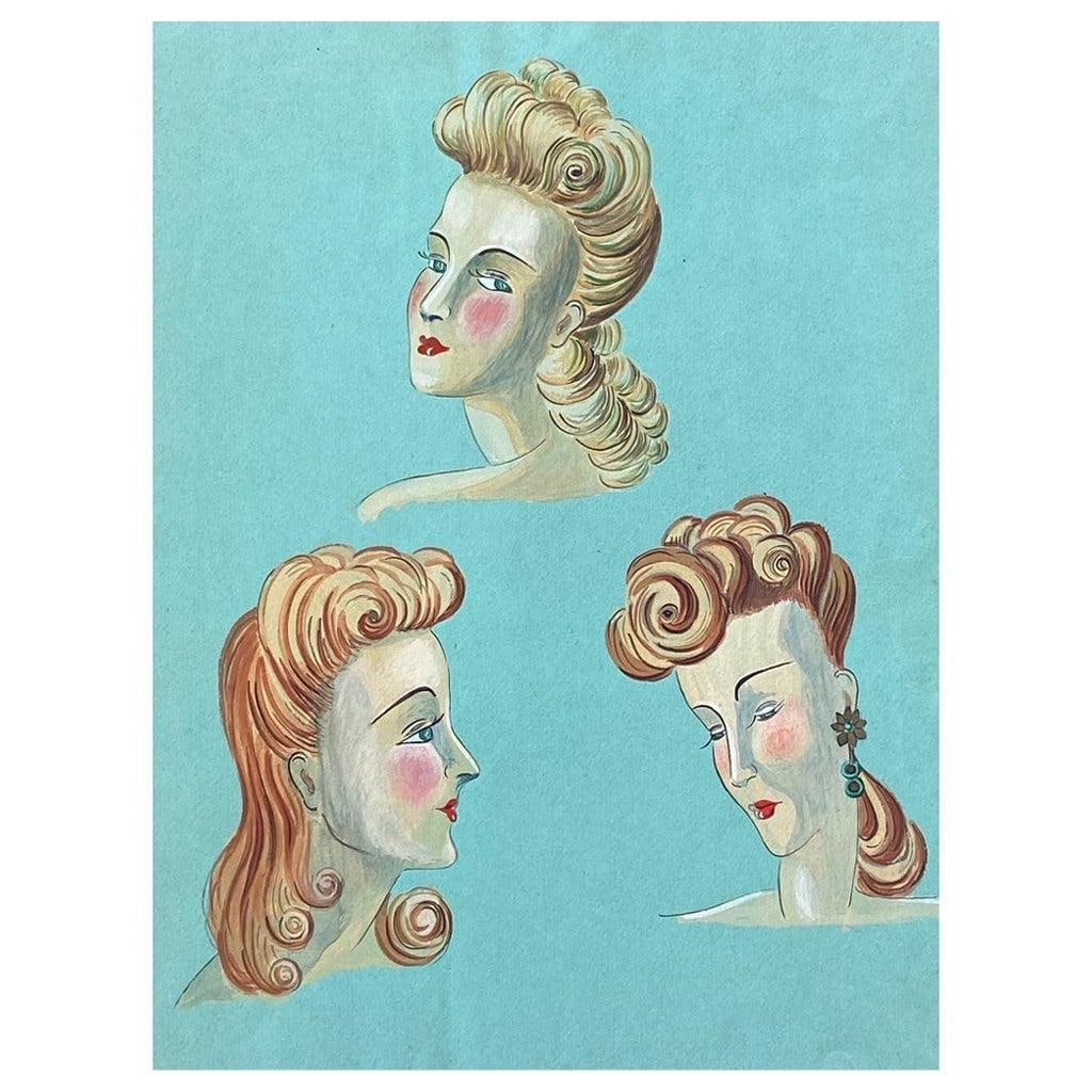 1940's French Fashion Illustration, Elegant Three Women Face Portraits circa 1940s: Title: "1940's French Fashion Illustration, Elegant Three Women Face Portraits circa 1940s" Description: Very stylish, unique and original 1940's fashion design by French illustrator Geneviève Th