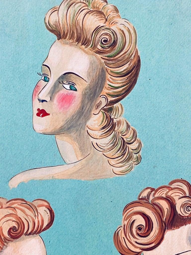 1940's French Fashion Illustration, Elegant Three Women Face Portraits circa 1940s - 6